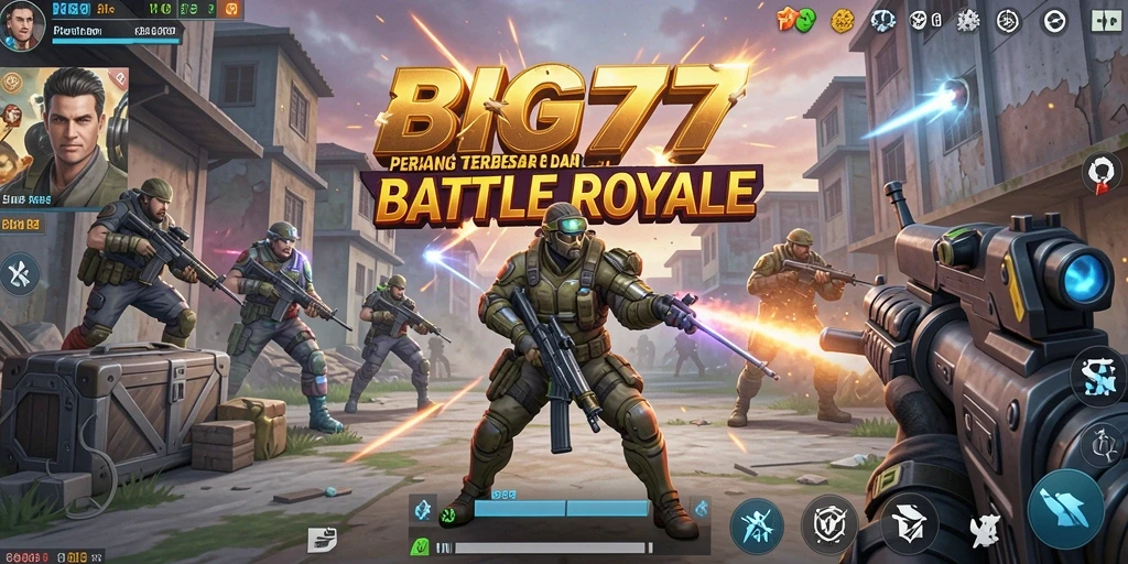 Screenshot utama BIG77 menampilkan aksi seru dalam gameplay Battle Royale.
