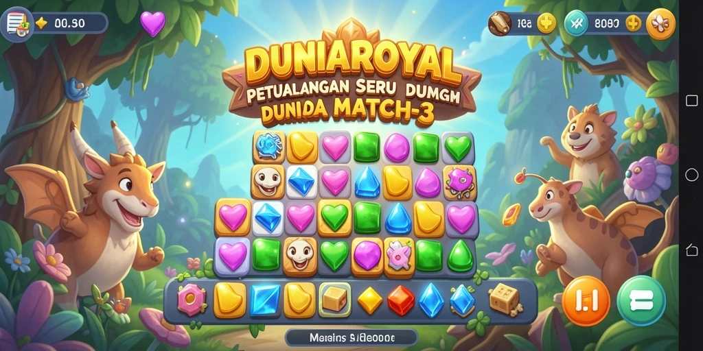 Tampilan gameplay menarik DUNIAROYAL dengan elemen Match-3 berwarna-warni.