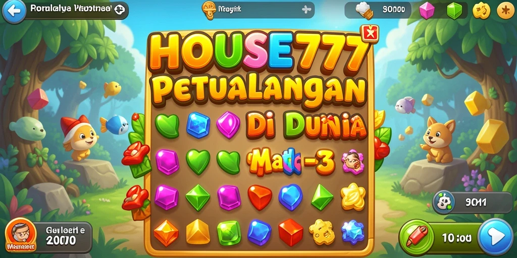 Screenshot HOUSE777 menunjukkan gameplay Match-3 yang seru dan penuh warna.