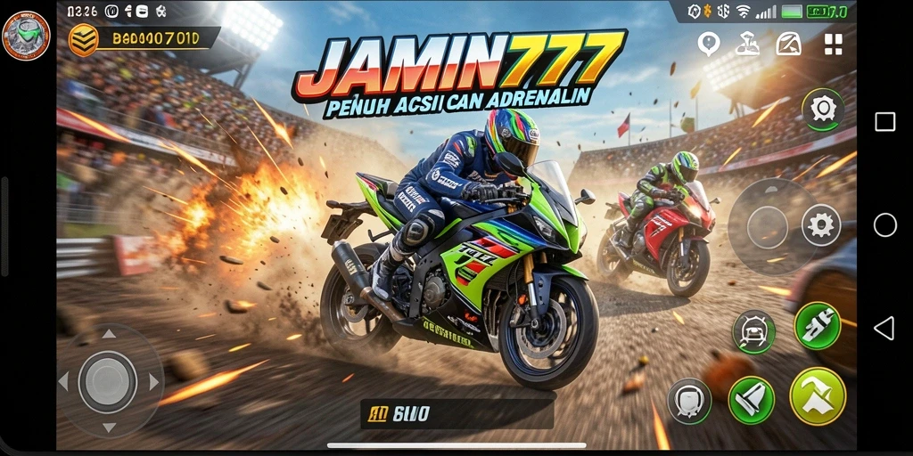 Screenshot gameplay seru dari JAMIN777 yang menunjukkan balapan motor penuh aksi.