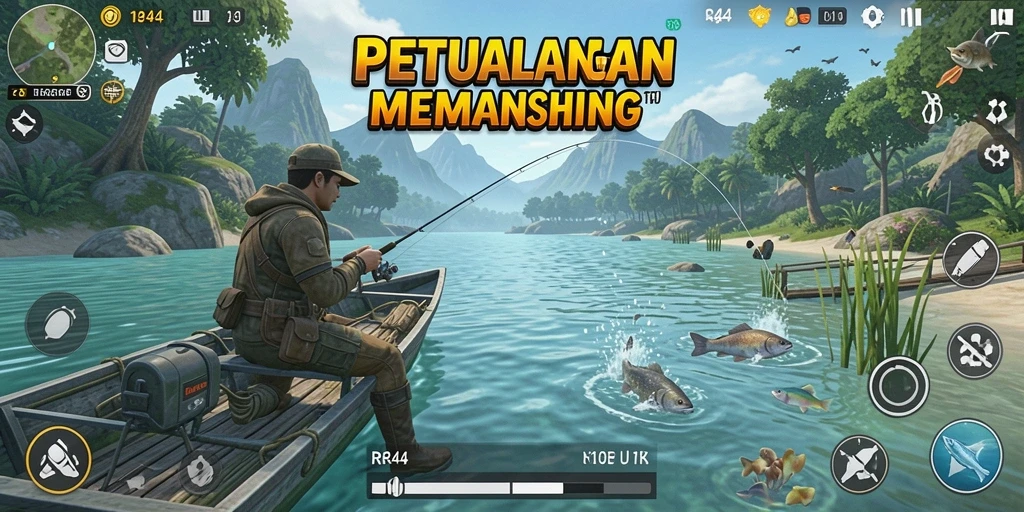 Screenshot gameplay RR44 yang menampilkan aksi memancing ikan di danau.