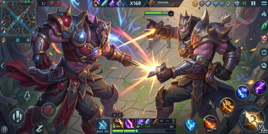 Screenshot menunjukkan aksi seru dalam pertarungan MOBA X168.